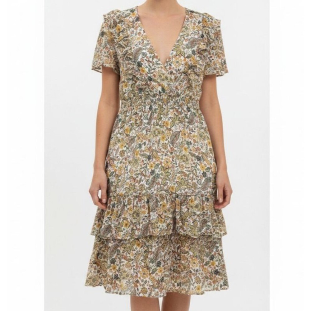 Donna Morgan NEW Floral Surplice Dress 14 Ruffle Short Sleeve V-Neck Midi Long